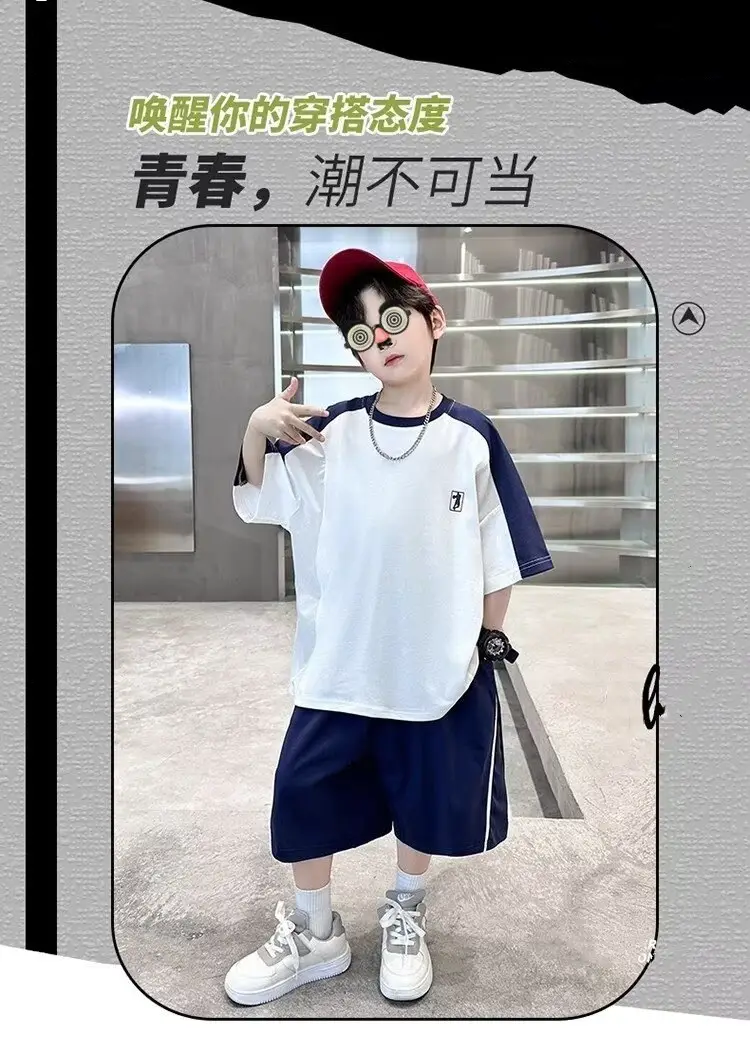 Boys 2025 Thin Sports T-Shirt Shorts Set White Blue — feature 1