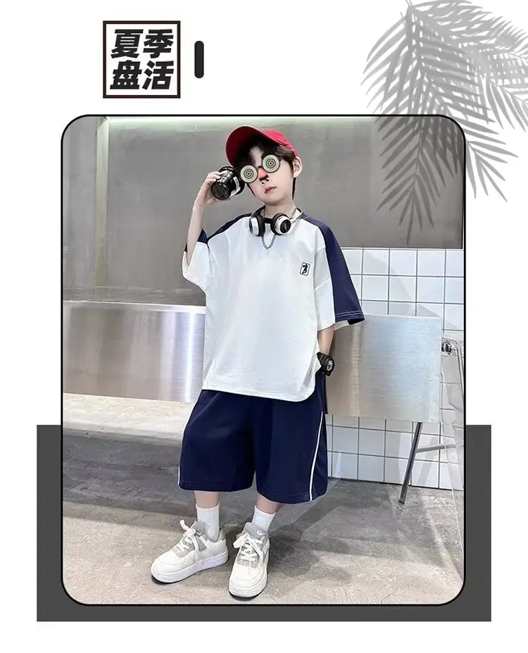Boys 2025 Thin Sports T-Shirt Shorts Set White Blue — feature 4