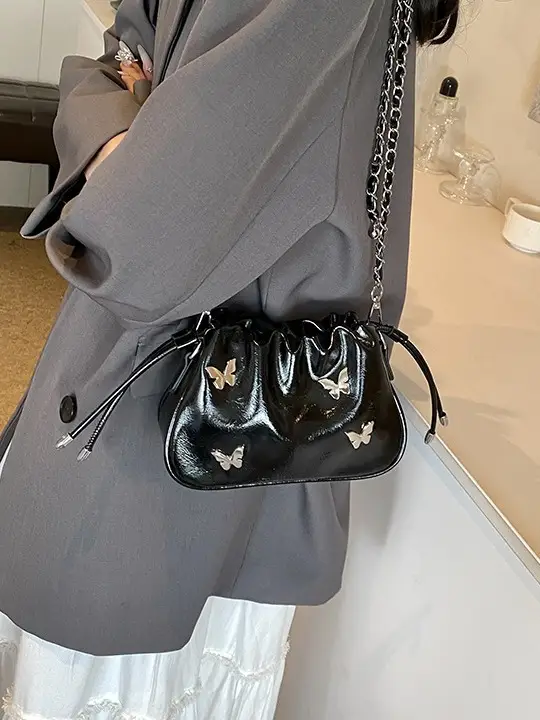 Silver Butterfly Drawstring Bucket Bag for Women