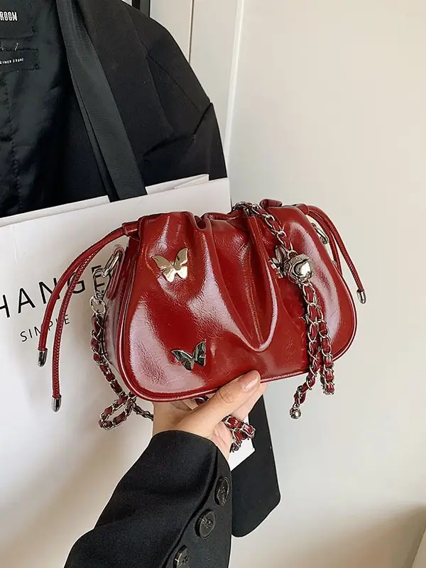 Silver Butterfly Drawstring Bucket Bag for Women