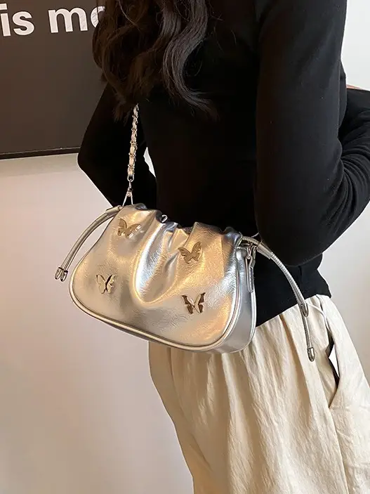 Silver Butterfly Drawstring Bucket Bag for Women