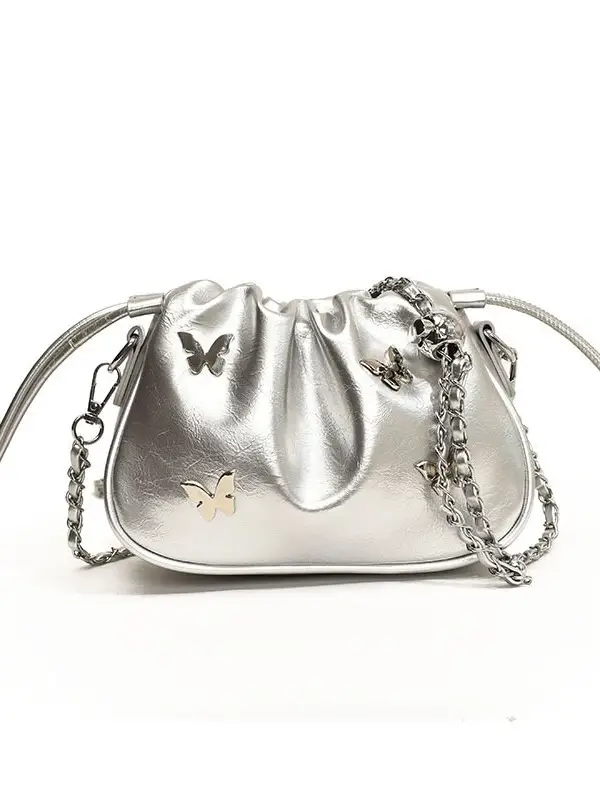 Silver Butterfly Drawstring Bucket Bag for Women