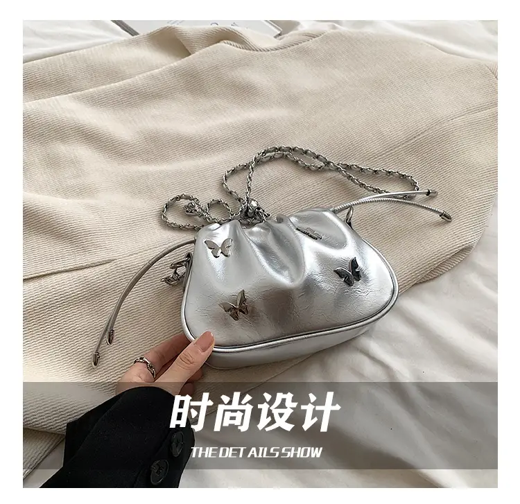 Silver Butterfly Drawstring Bucket Bag for Women — feature 13