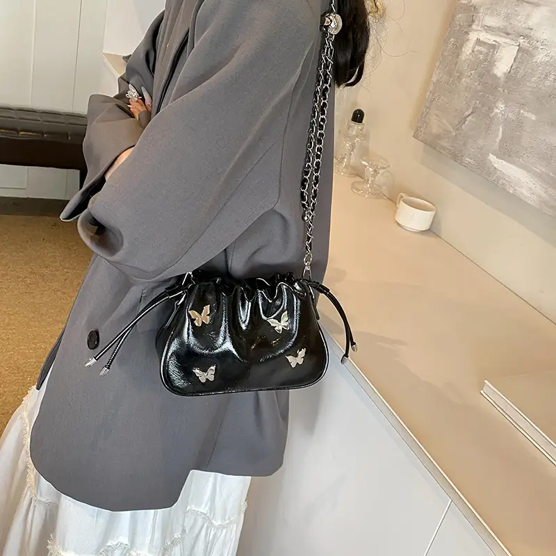 Silver Butterfly Drawstring Bucket Bag for Women