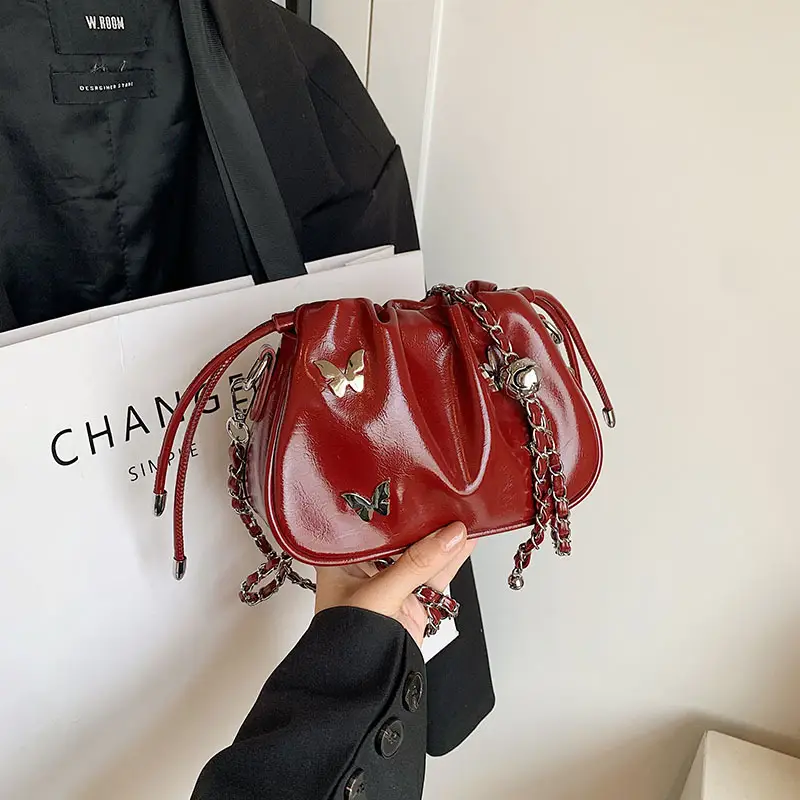 Silver Butterfly Drawstring Bucket Bag for Women