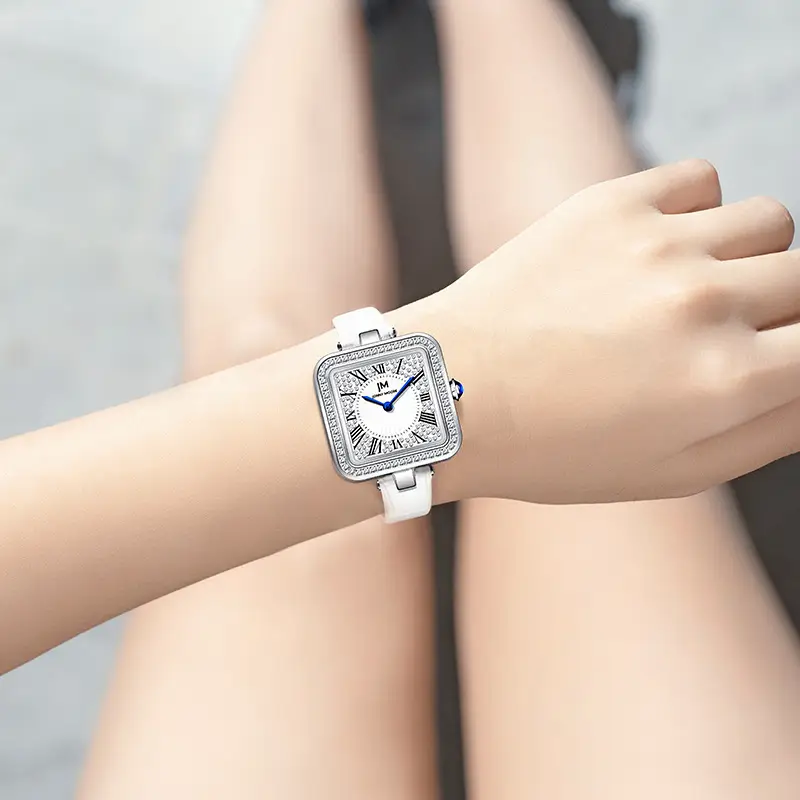 Women's Square Diamond Watch with White Strap
