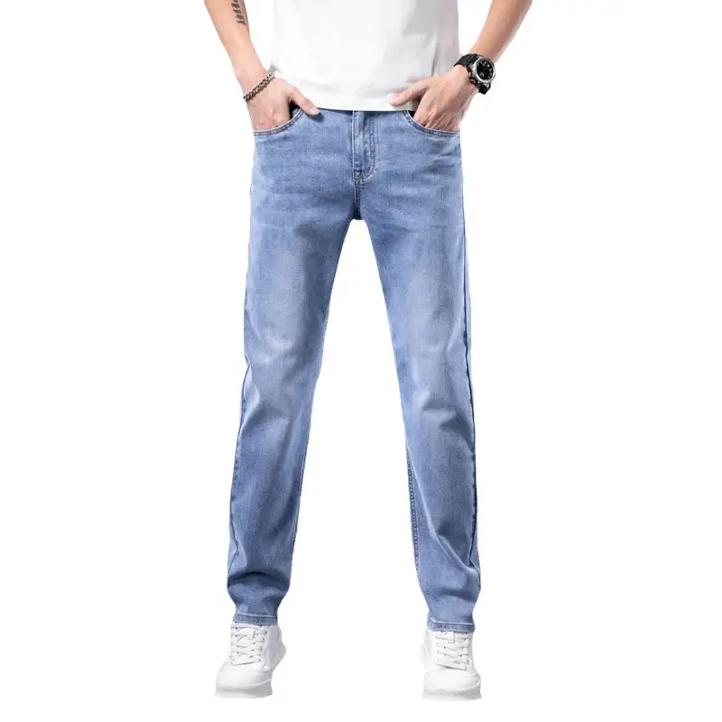Men's Elastic Light Blue Jeans Joker Casual Straight Pants