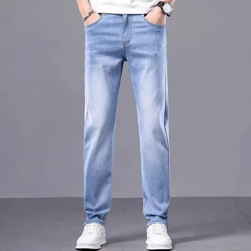 Men's Elastic Light Blue Jeans Joker Casual Straight Pants
