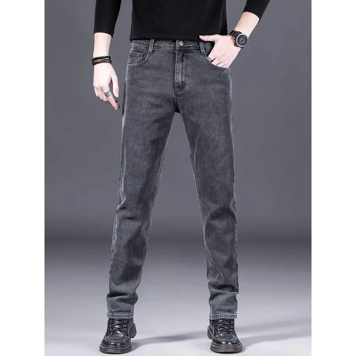 Men Slim Straight Leg Jeans Winter 2026 Grey - Image 6