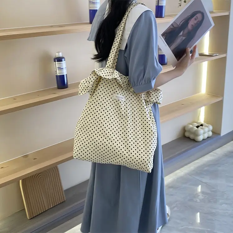 Nude Polka Dot Ruffled Shoulder Tote Bag for Women