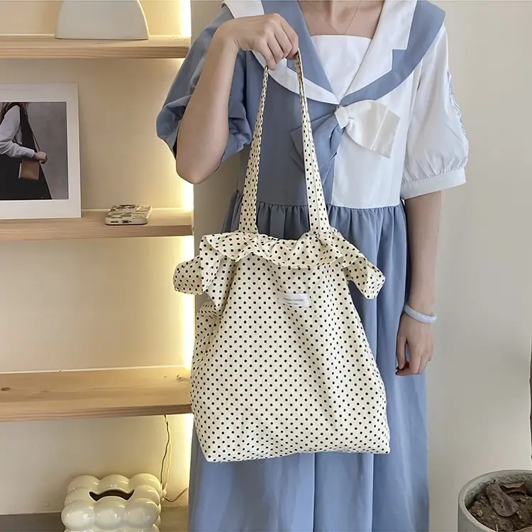 Nude Polka Dot Ruffled Shoulder Tote Bag for Women
