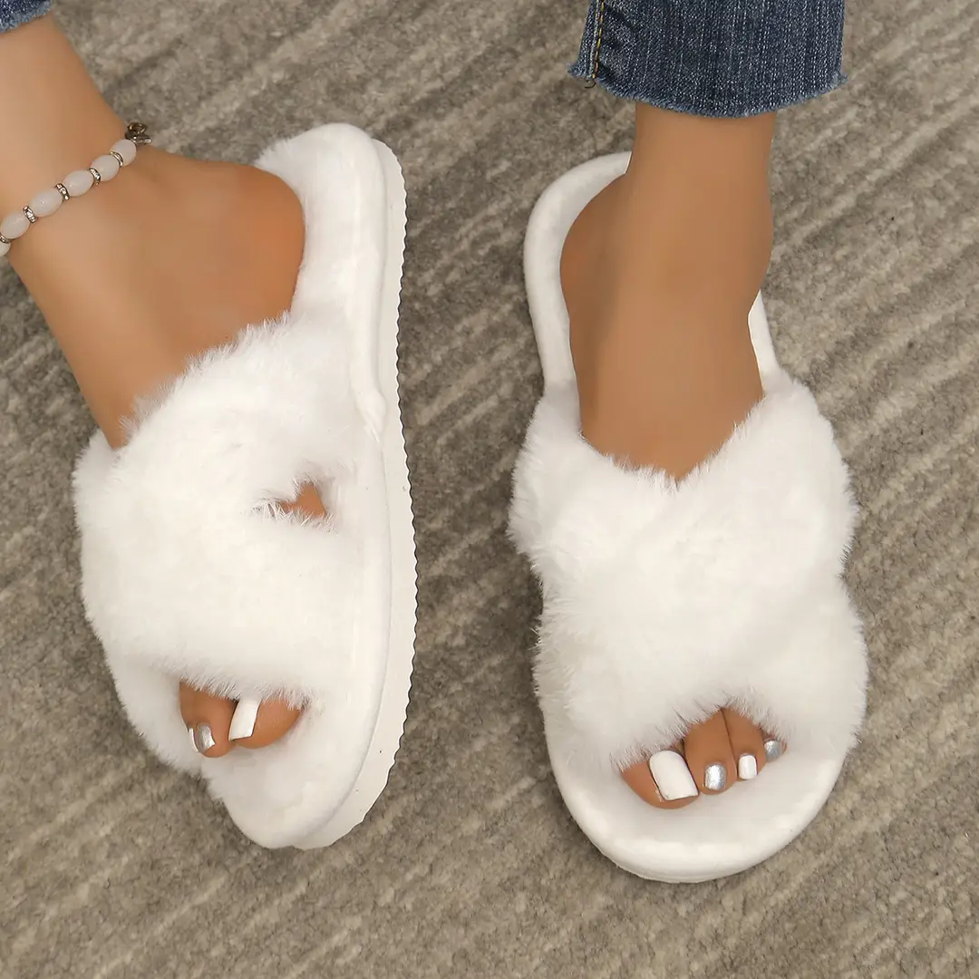 Cross Strap Women's Plush Slippers Foreign Trade Cross-border Slippers Open Toe Slippers Home Girls Warm Cotton Slippers