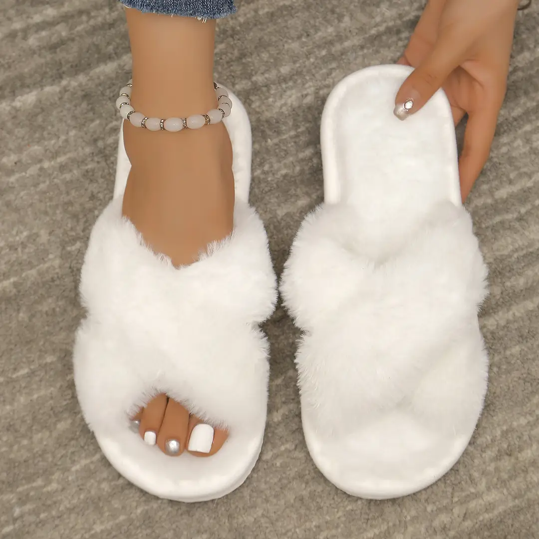 Cross Strap Women's Plush Slippers Foreign Trade Cross-border Slippers Open Toe Slippers Home Girls Warm Cotton Slippers