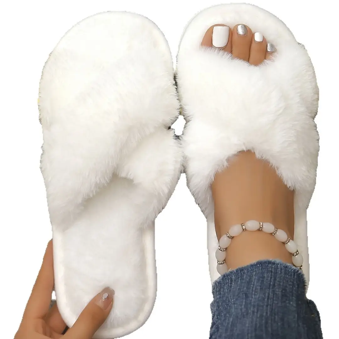Cross Strap Women's Plush Slippers Foreign Trade Cross-border Slippers Open Toe Slippers Home Girls Warm Cotton Slippers