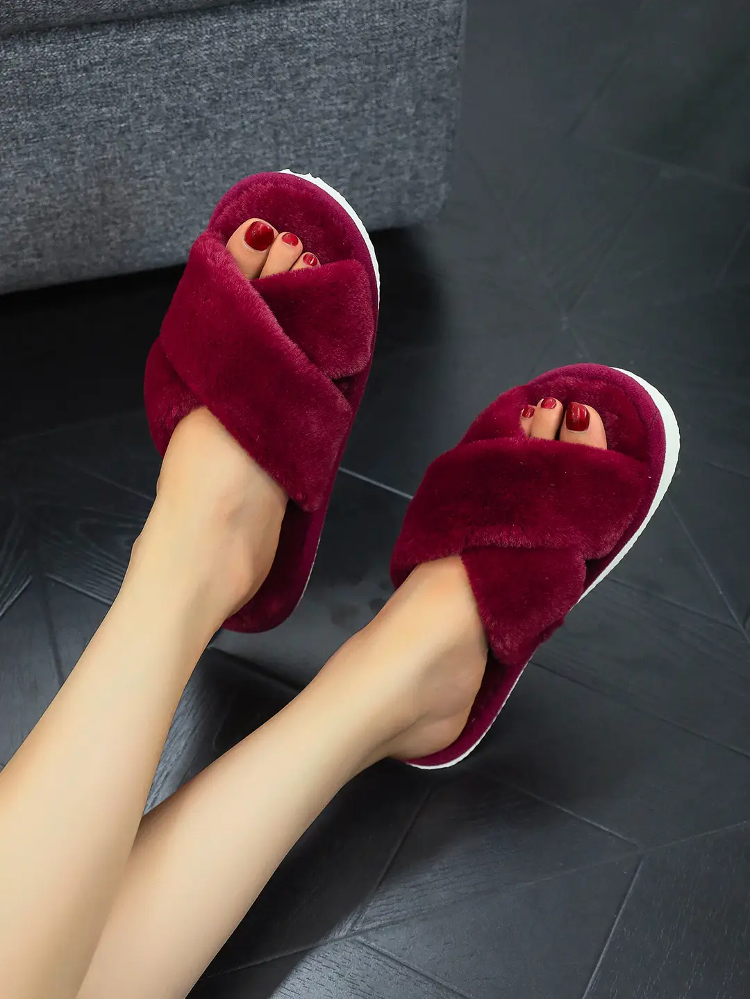 Cross Strap Women's Plush Slippers Foreign Trade Cross-border Slippers Open Toe Slippers Home Girls Warm Cotton Slippers — feature 6