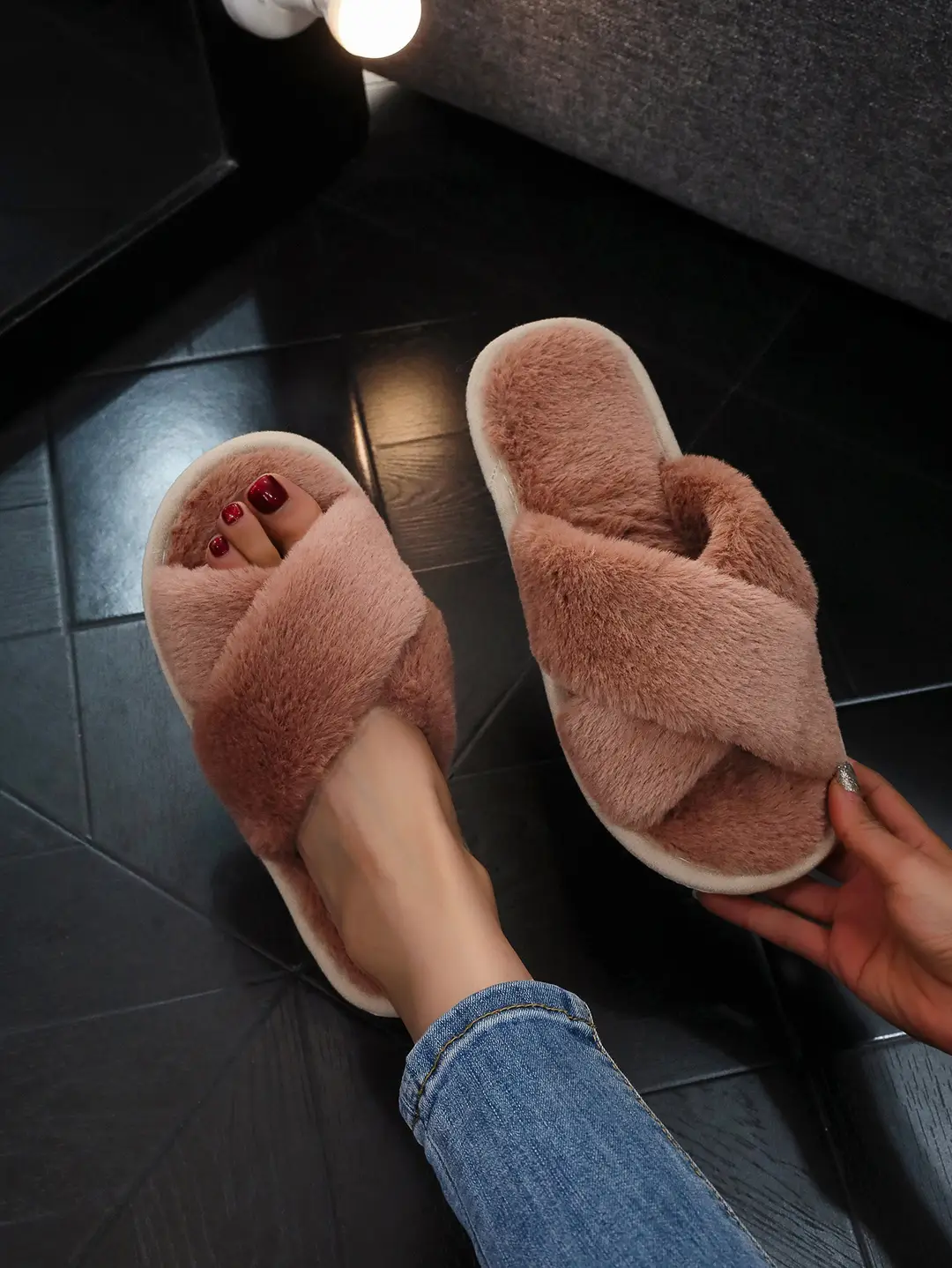 Cross Strap Women's Plush Slippers Foreign Trade Cross-border Slippers Open Toe Slippers Home Girls Warm Cotton Slippers
