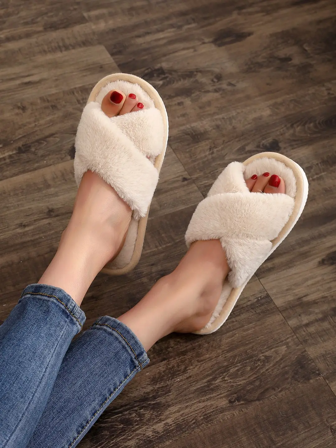 Cross Strap Women's Plush Slippers Foreign Trade Cross-border Slippers Open Toe Slippers Home Girls Warm Cotton Slippers