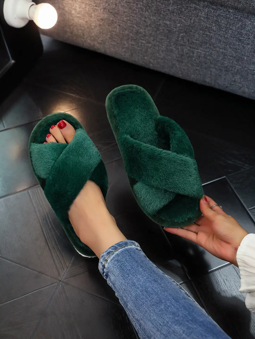 Cross Strap Women's Plush Slippers Foreign Trade Cross-border Slippers Open Toe Slippers Home Girls Warm Cotton Slippers