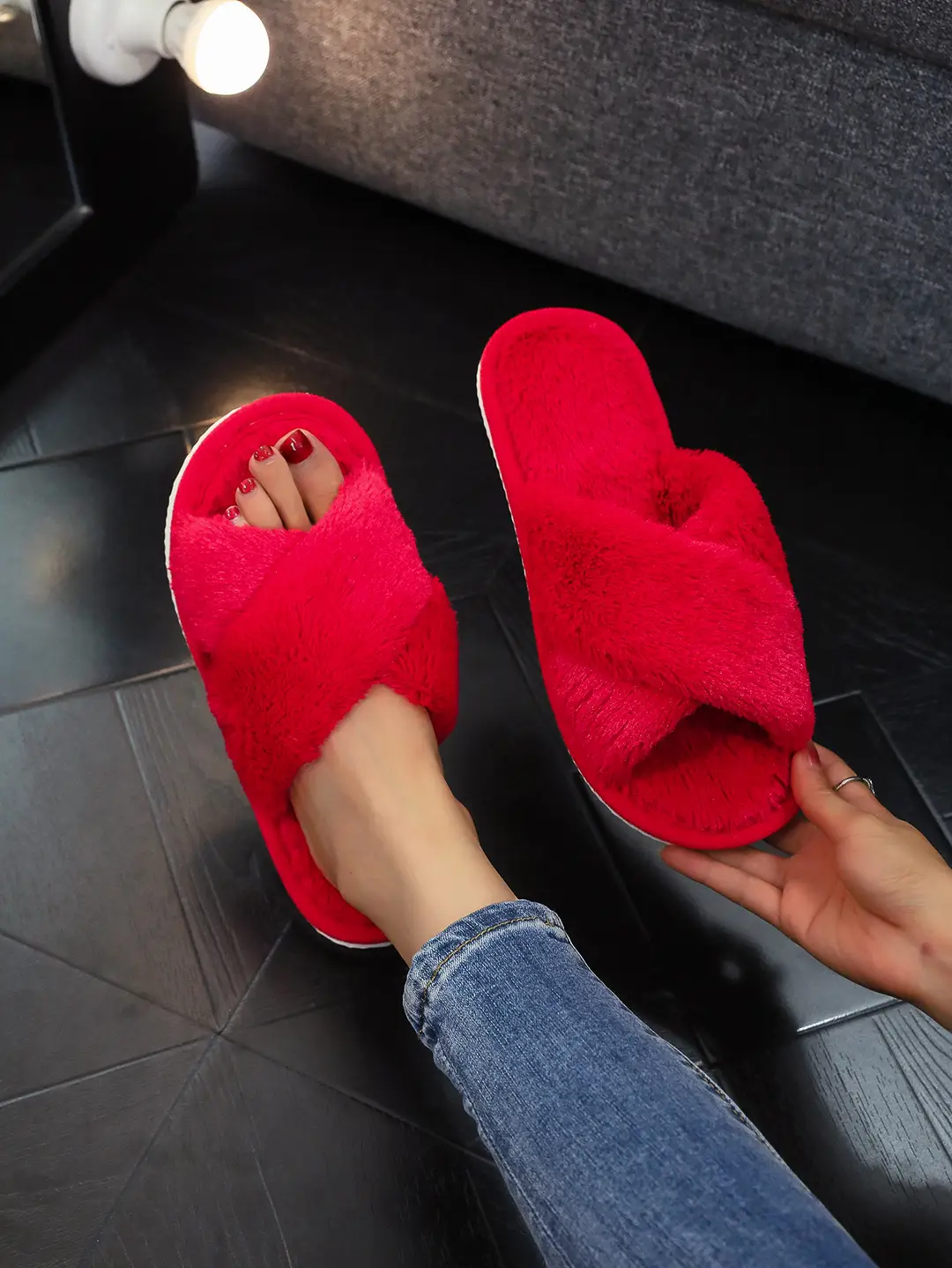 Cross Strap Women's Plush Slippers Foreign Trade Cross-border Slippers Open Toe Slippers Home Girls Warm Cotton Slippers