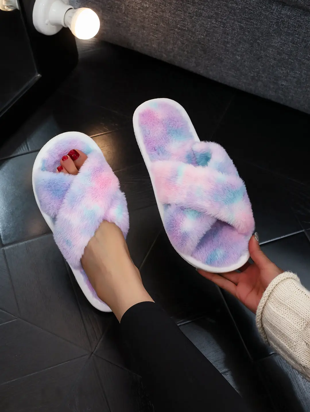Cross Strap Women's Plush Slippers Foreign Trade Cross-border Slippers Open Toe Slippers Home Girls Warm Cotton Slippers