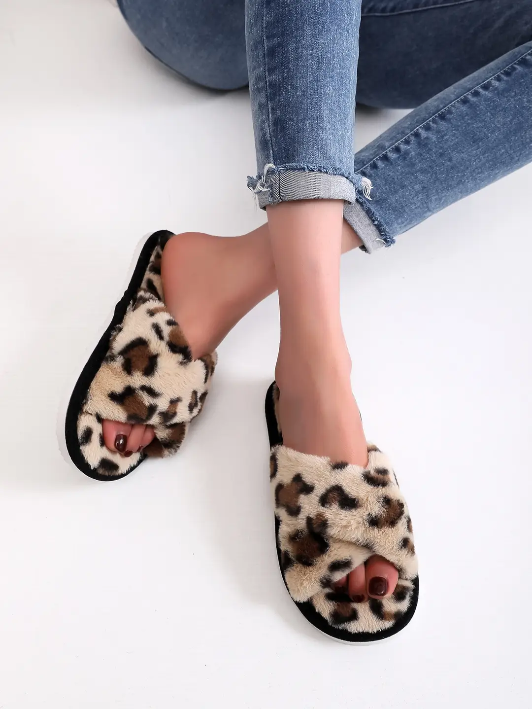 Cross Strap Women's Plush Slippers Foreign Trade Cross-border Slippers Open Toe Slippers Home Girls Warm Cotton Slippers