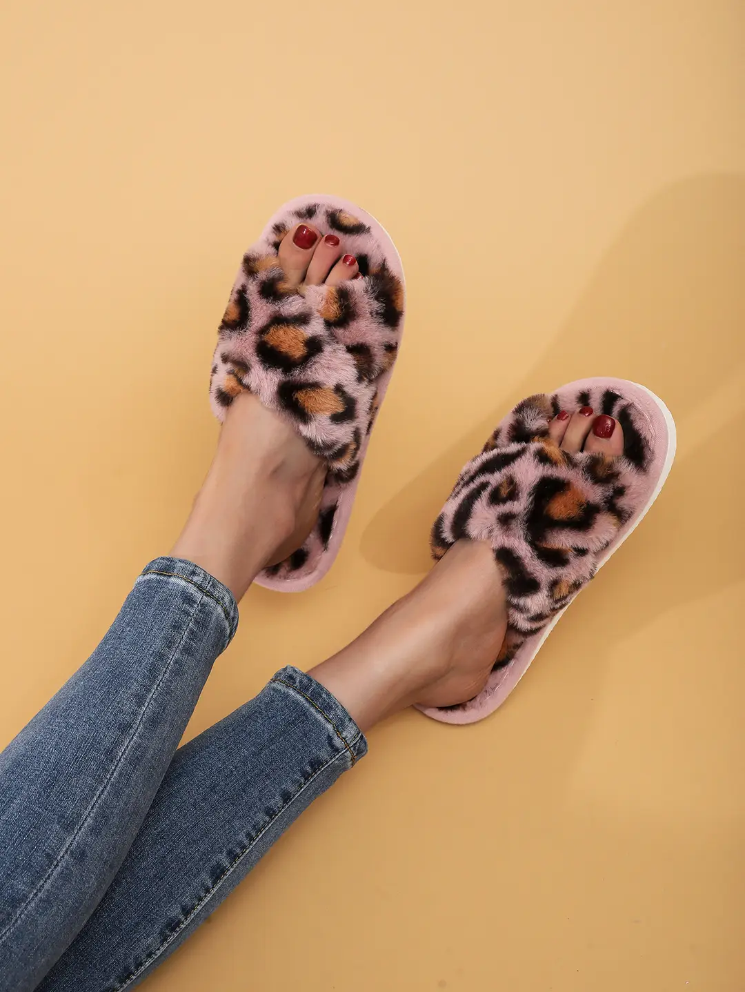 Cross Strap Women's Plush Slippers Foreign Trade Cross-border Slippers Open Toe Slippers Home Girls Warm Cotton Slippers