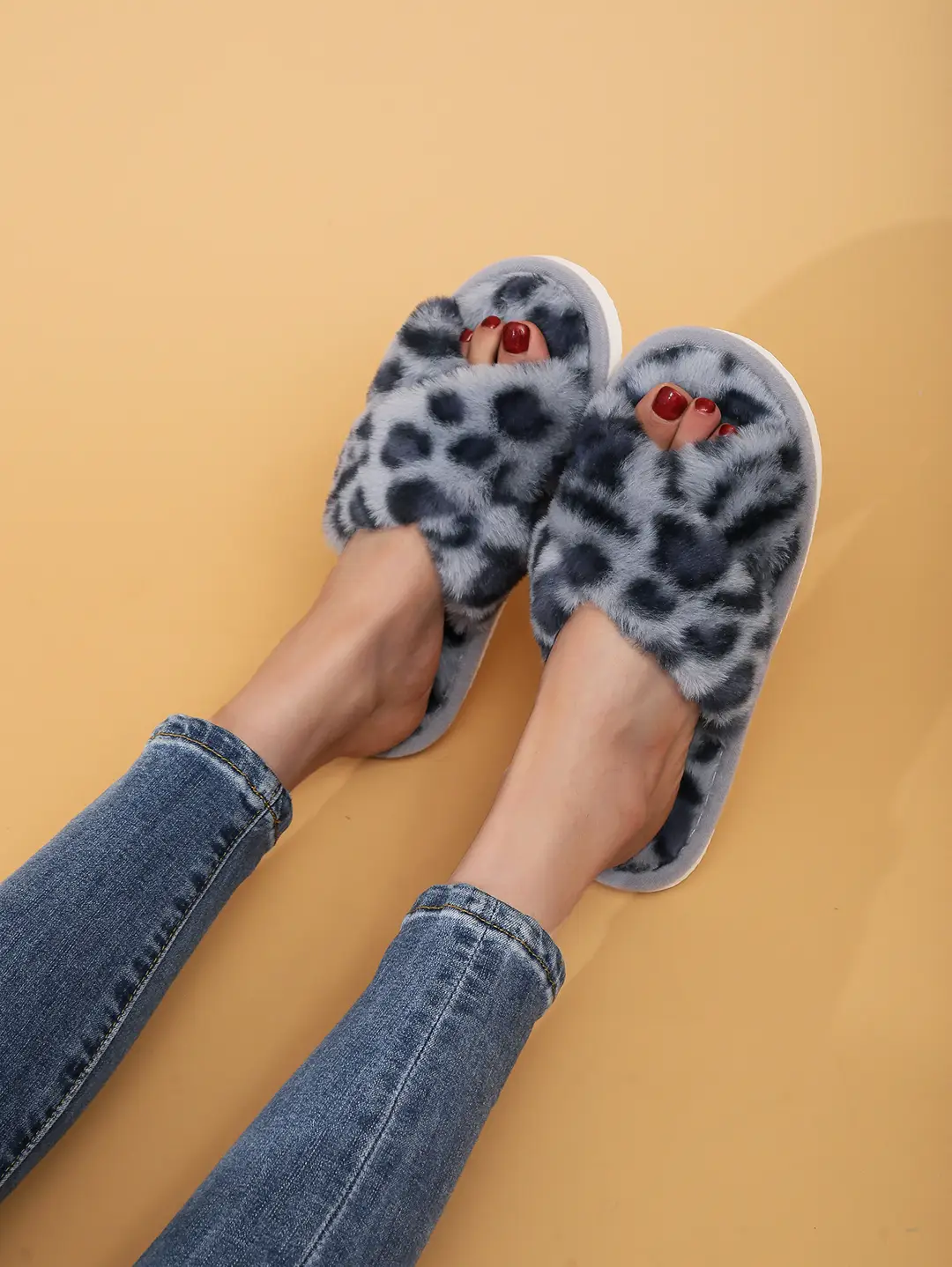 Cross Strap Women's Plush Slippers Foreign Trade Cross-border Slippers Open Toe Slippers Home Girls Warm Cotton Slippers