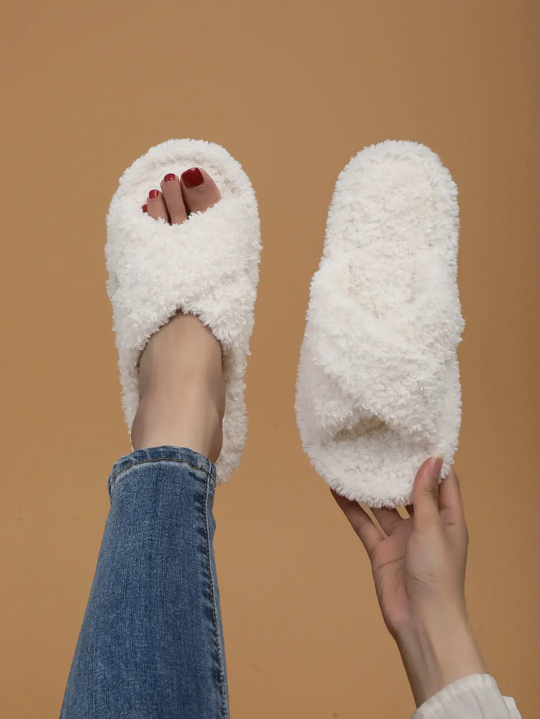 Cross Strap Women's Plush Slippers Foreign Trade Cross-border Slippers Open Toe Slippers Home Girls Warm Cotton Slippers