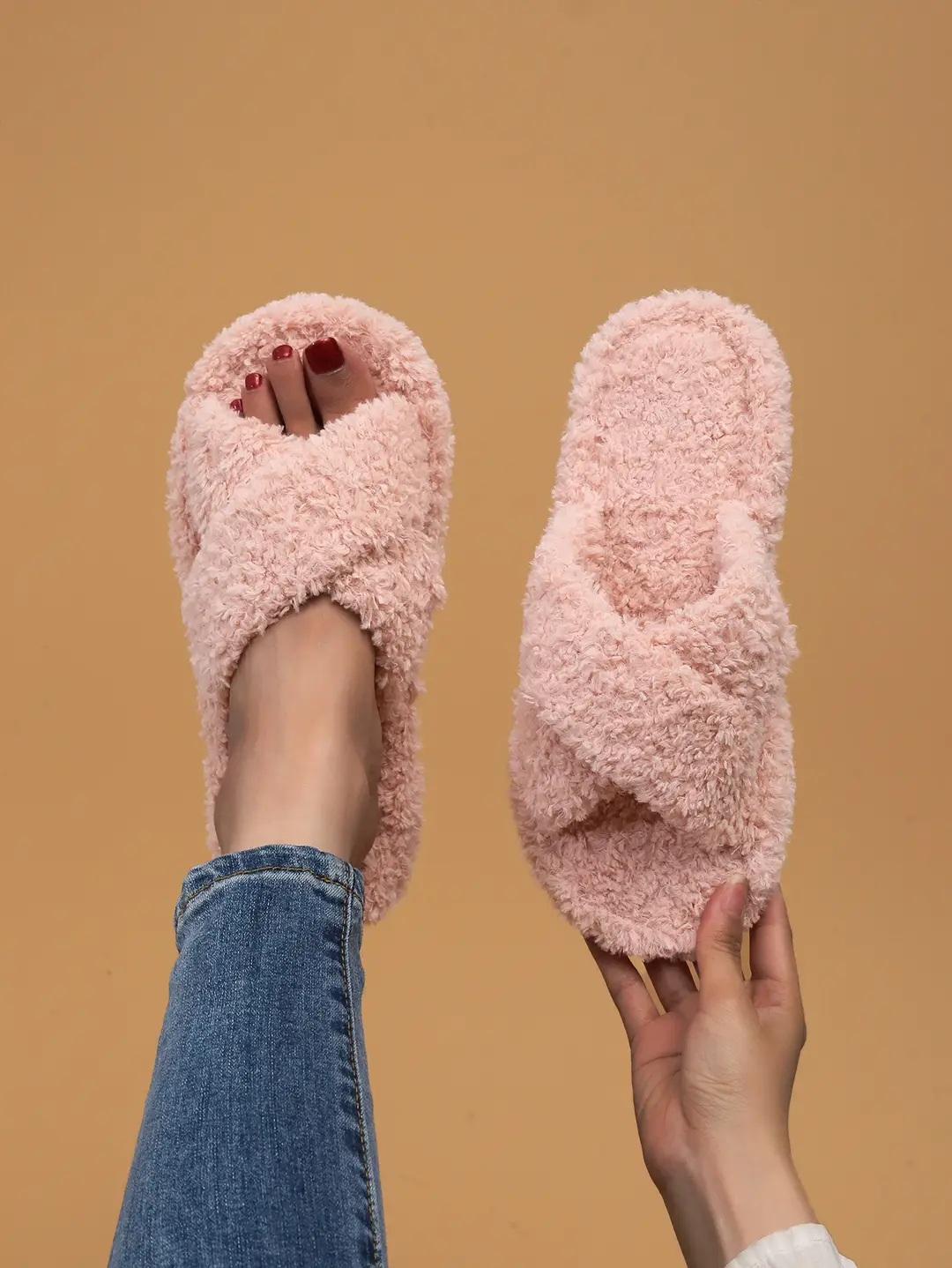 Cross Strap Women's Plush Slippers Foreign Trade Cross-border Slippers Open Toe Slippers Home Girls Warm Cotton Slippers
