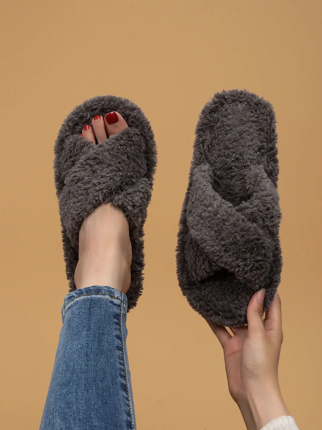 Cross Strap Women's Plush Slippers Foreign Trade Cross-border Slippers Open Toe Slippers Home Girls Warm Cotton Slippers