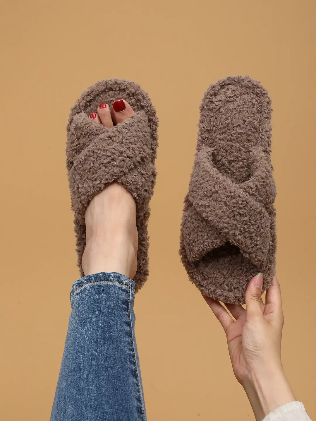 Cross Strap Women's Plush Slippers Foreign Trade Cross-border Slippers Open Toe Slippers Home Girls Warm Cotton Slippers