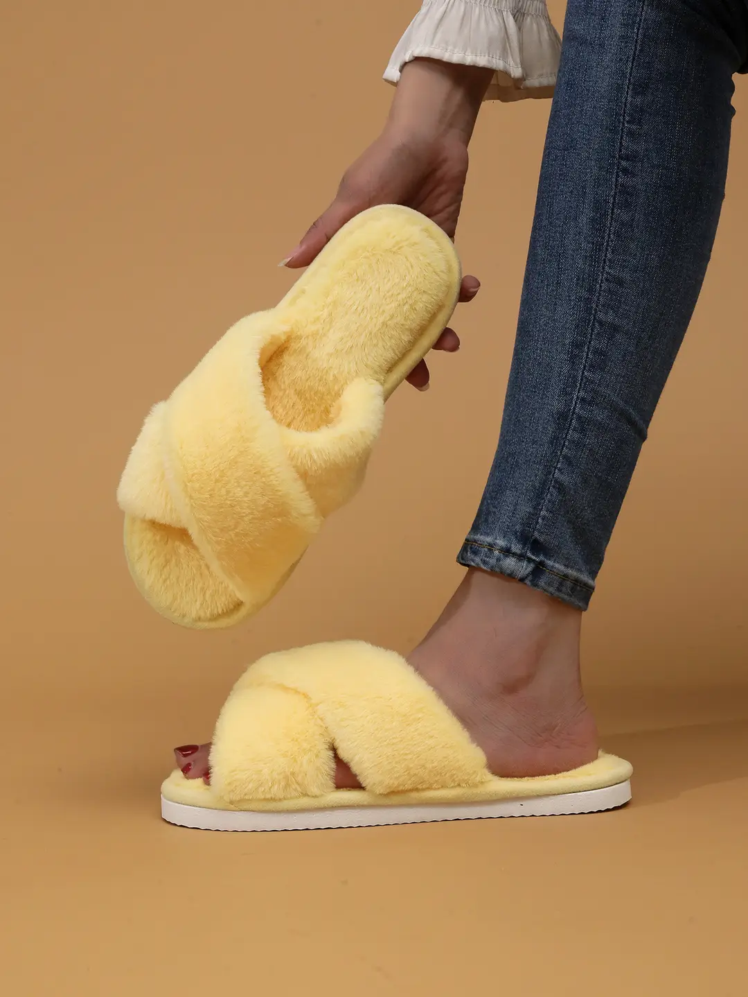 Cross Strap Women's Plush Slippers Foreign Trade Cross-border Slippers Open Toe Slippers Home Girls Warm Cotton Slippers