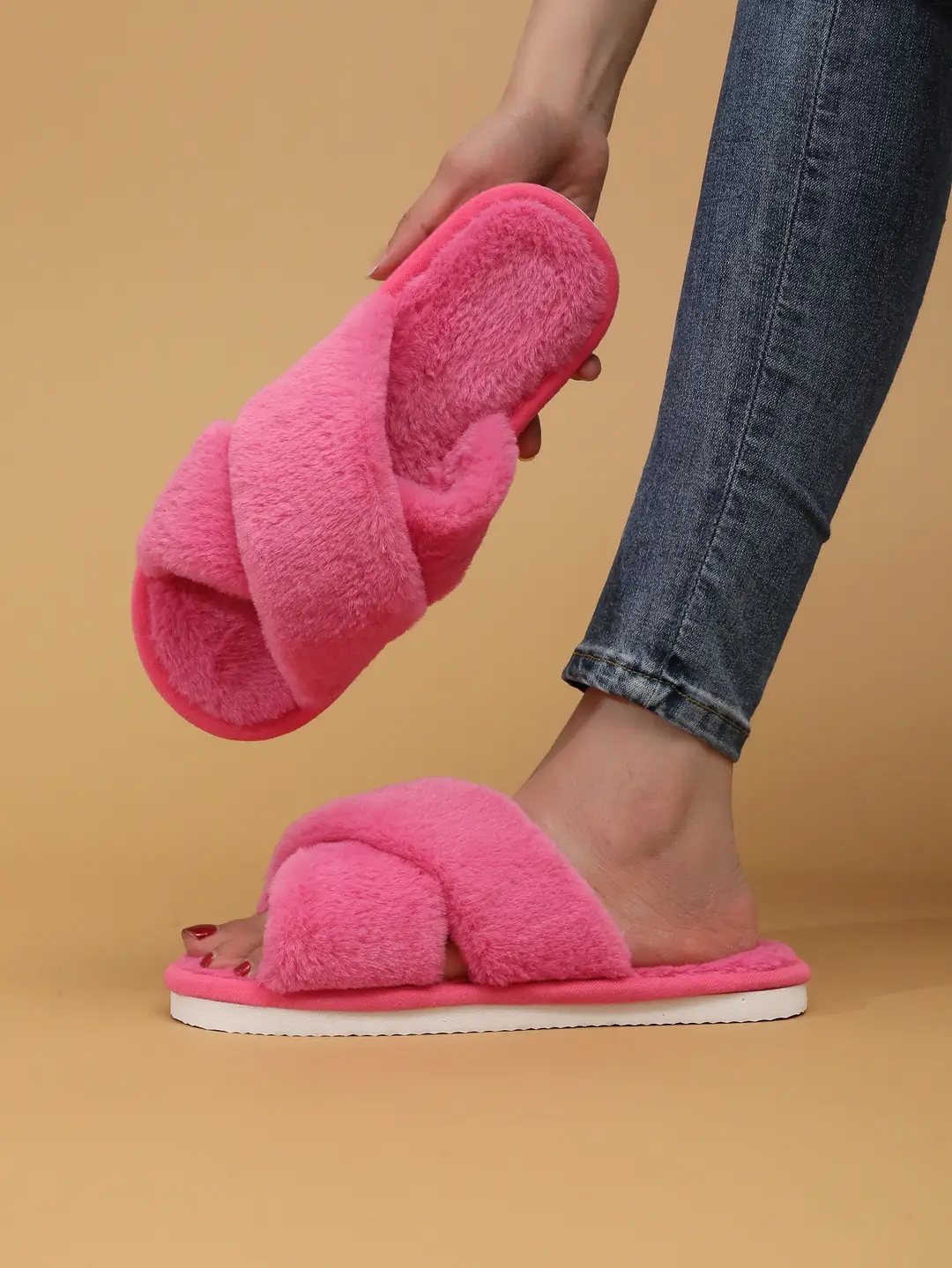 Cross Strap Women's Plush Slippers Foreign Trade Cross-border Slippers Open Toe Slippers Home Girls Warm Cotton Slippers