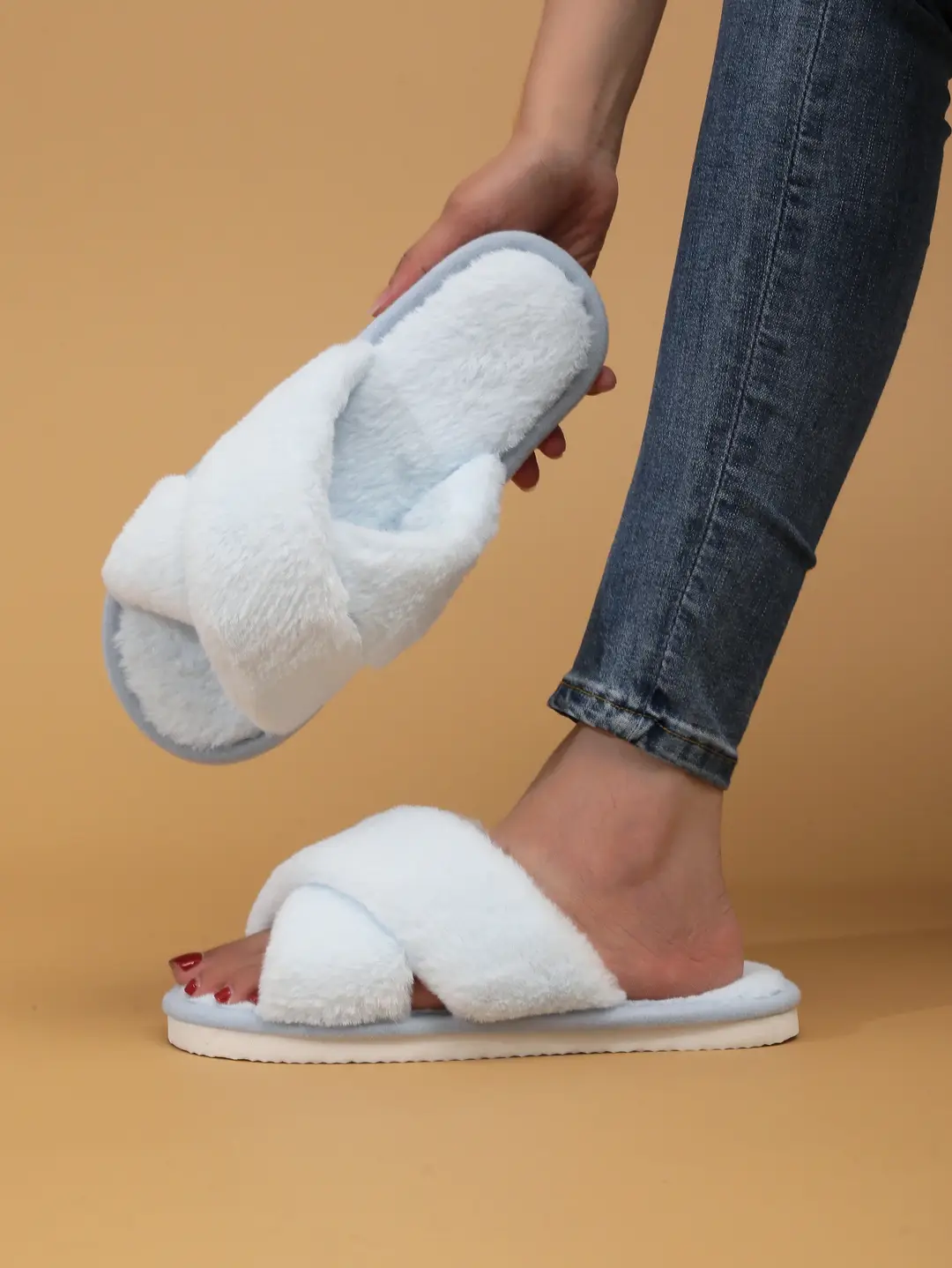Cross Strap Women's Plush Slippers Foreign Trade Cross-border Slippers Open Toe Slippers Home Girls Warm Cotton Slippers