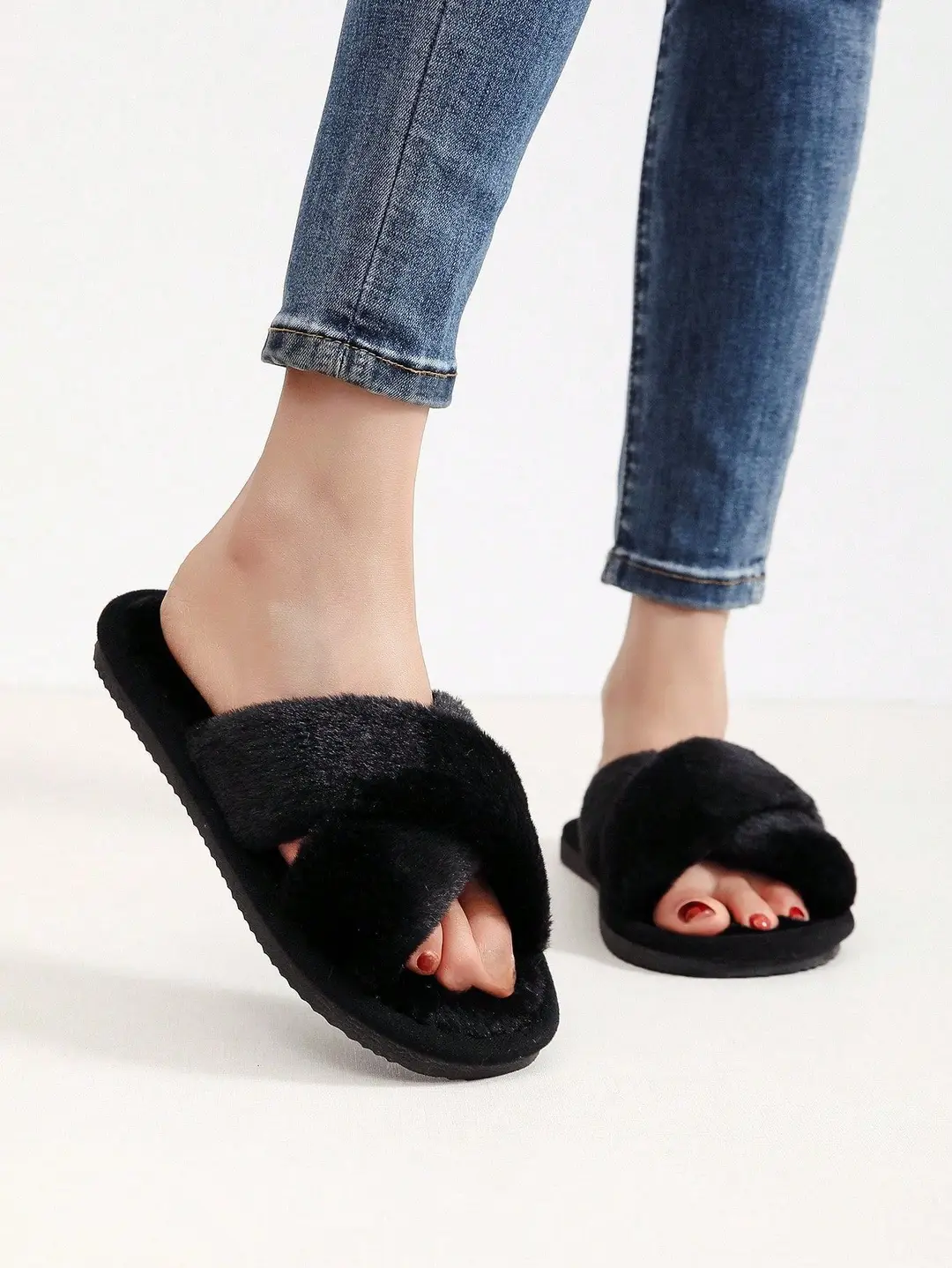 Cross Strap Women's Plush Slippers Foreign Trade Cross-border Slippers Open Toe Slippers Home Girls Warm Cotton Slippers