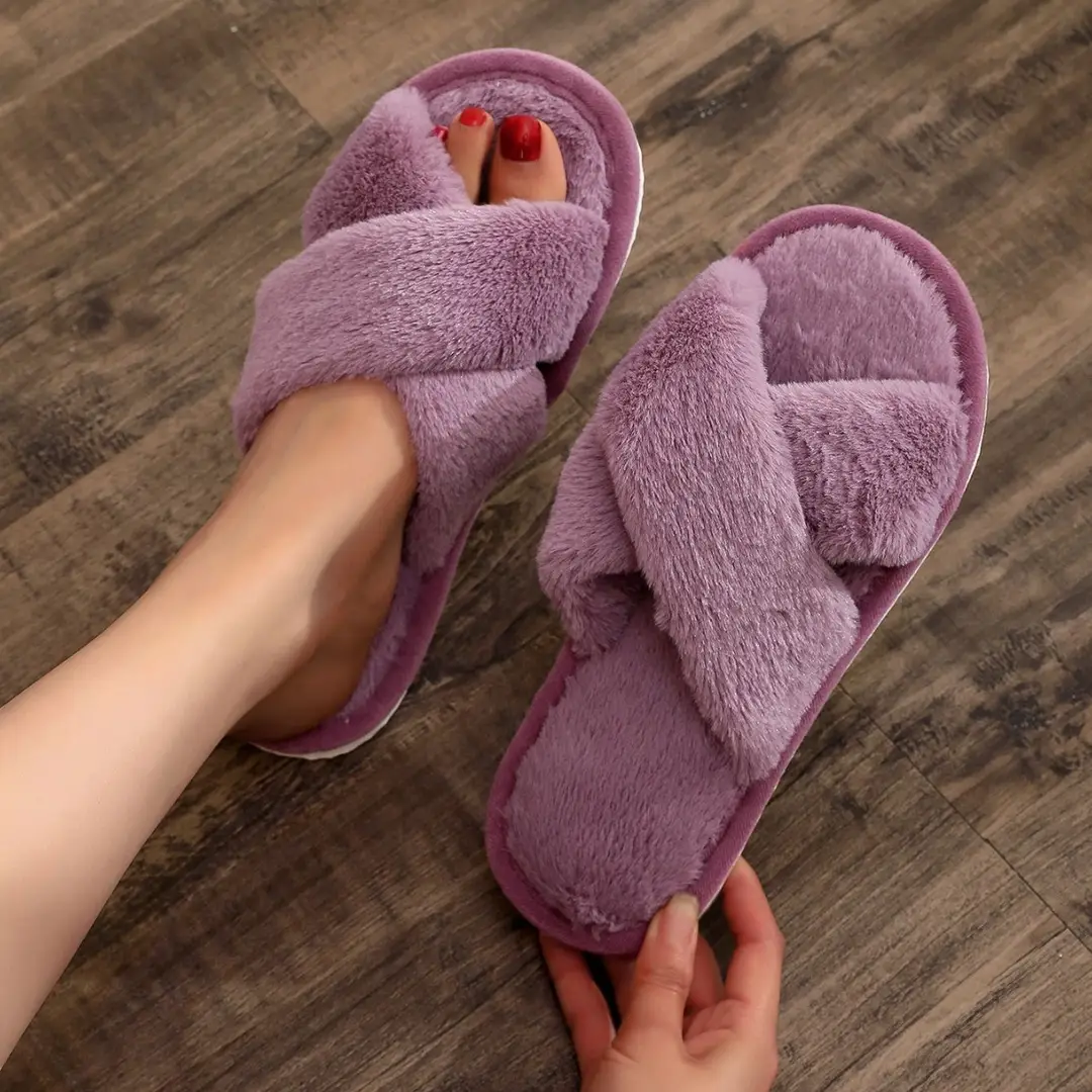 Cross Strap Women's Plush Slippers Foreign Trade Cross-border Slippers Open Toe Slippers Home Girls Warm Cotton Slippers