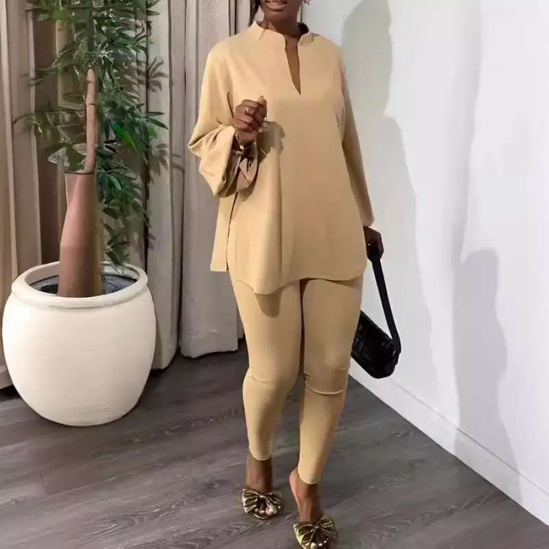 Cross-Border Knitted Suit Pants New Pure Color Multi-Color Slit V Neck Top Tights Fashion Elegant Two-Piece Set