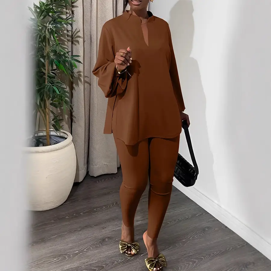Cross-Border Knitted Suit Pants New Pure Color Multi-Color Slit V Neck Top Tights Fashion Elegant Two-Piece Set