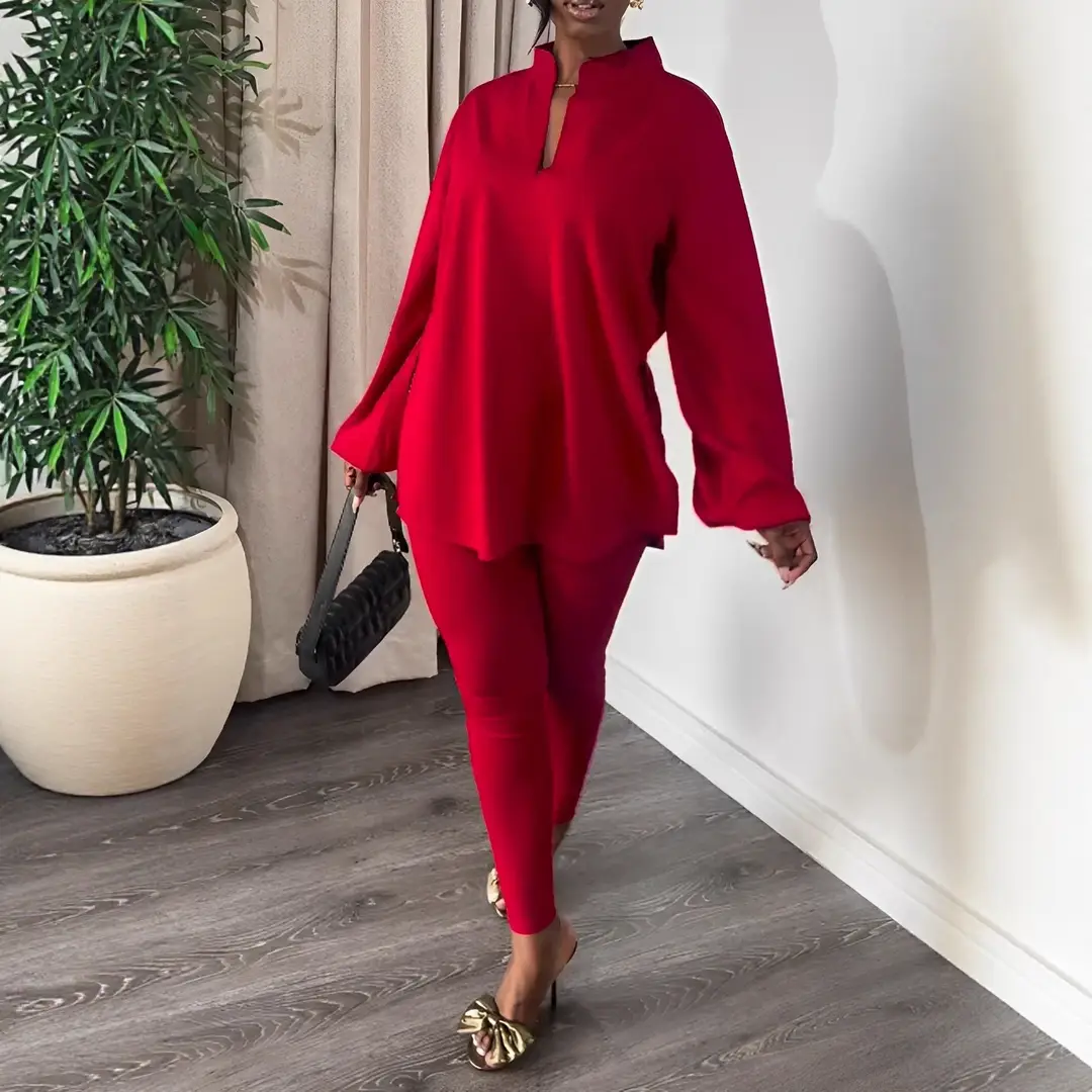 Cross-Border Knitted Suit Pants New Pure Color Multi-Color Slit V Neck Top Tights Fashion Elegant Two-Piece Set