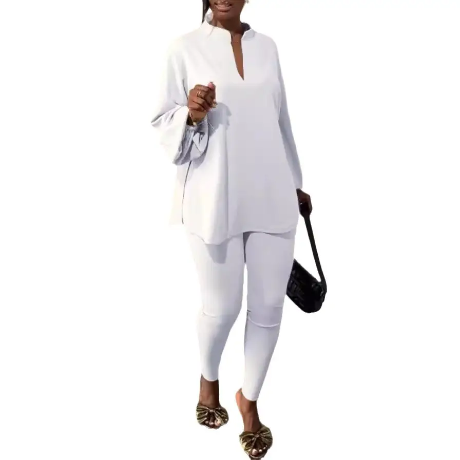 Cross-Border Knitted Suit Pants New Pure Color Multi-Color Slit V Neck Top Tights Fashion Elegant Two-Piece Set