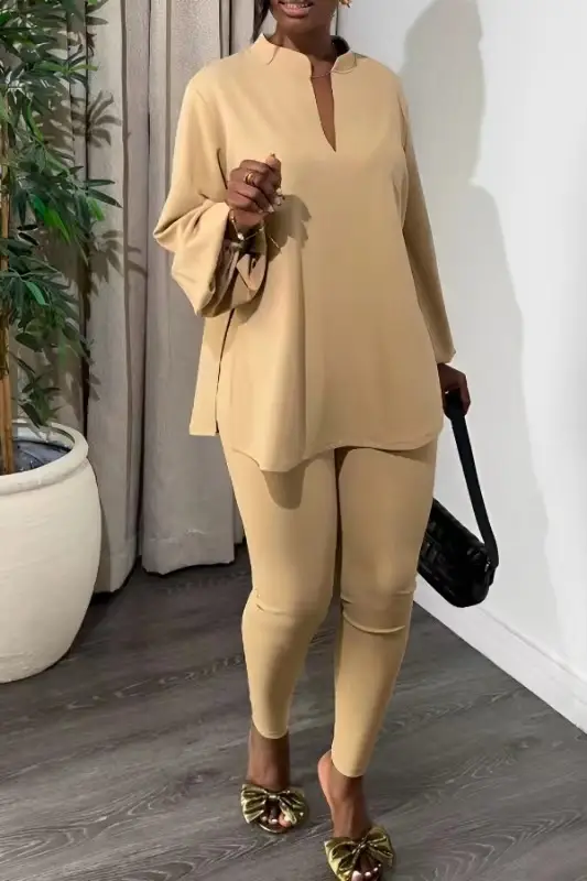 Cross-Border Knitted Suit Pants New Pure Color Multi-Color Slit V Neck Top Tights Fashion Elegant Two-Piece Set