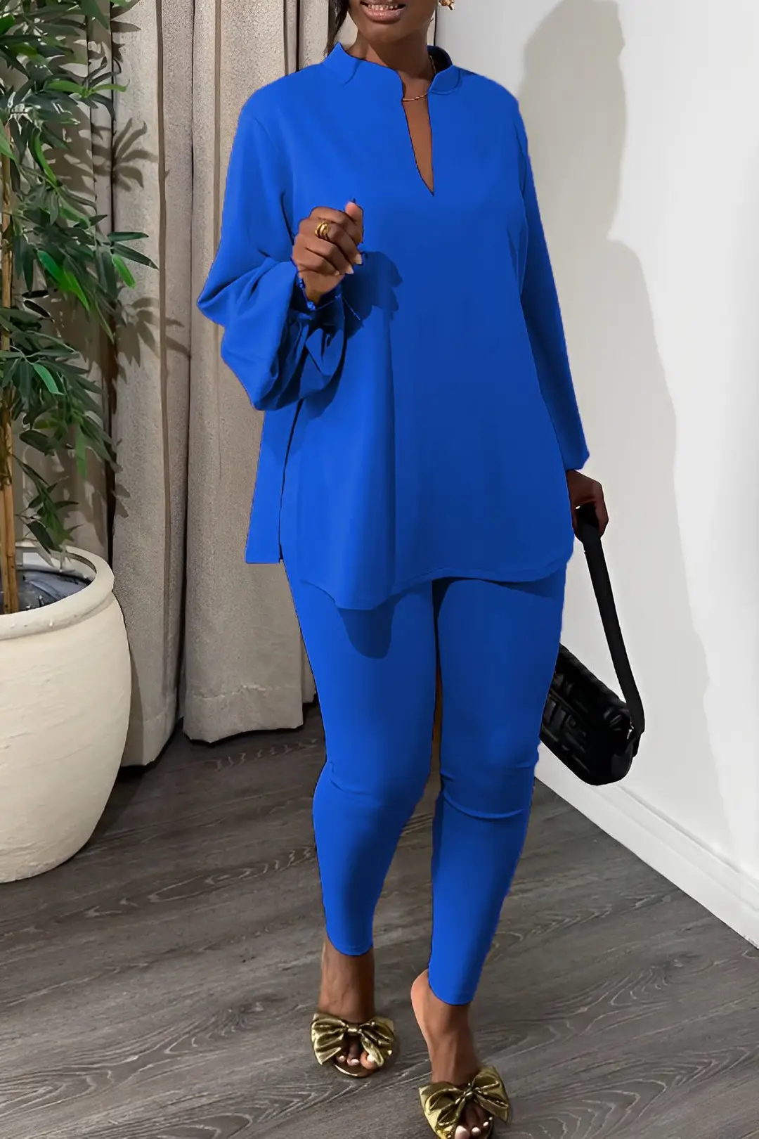 Cross-Border Knitted Suit Pants New Pure Color Multi-Color Slit V Neck Top Tights Fashion Elegant Two-Piece Set
