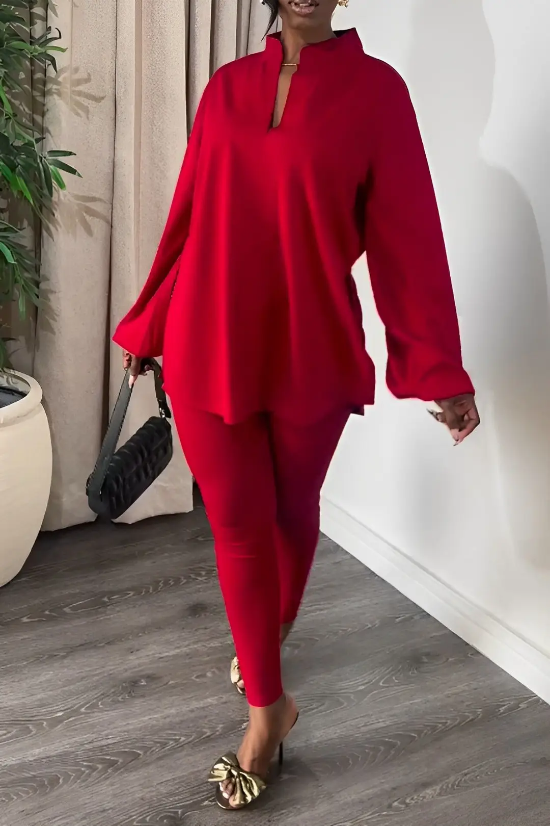 Cross-Border Knitted Suit Pants New Pure Color Multi-Color Slit V Neck Top Tights Fashion Elegant Two-Piece Set