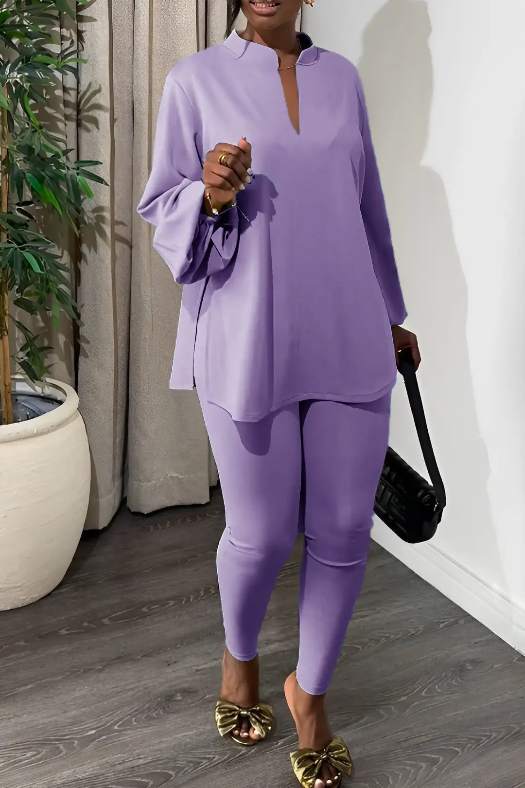 Cross-Border Knitted Suit Pants New Pure Color Multi-Color Slit V Neck Top Tights Fashion Elegant Two-Piece Set