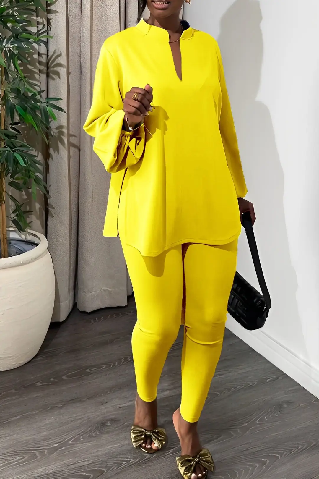 Cross-Border Knitted Suit Pants New Pure Color Multi-Color Slit V Neck Top Tights Fashion Elegant Two-Piece Set