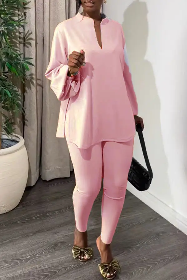 Cross-Border Knitted Suit Pants New Pure Color Multi-Color Slit V Neck Top Tights Fashion Elegant Two-Piece Set