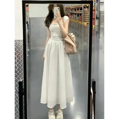 White Waist-Slimming Long Dress for Women - Image 2