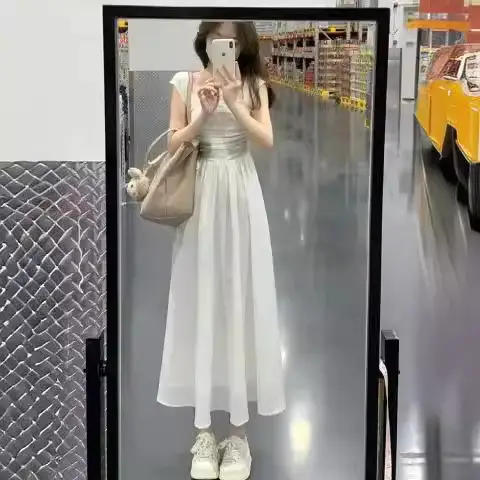 White Waist-Slimming Long Dress for Women - Image 3