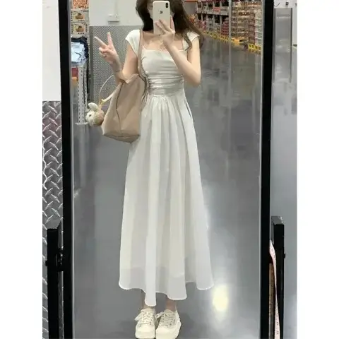 White Waist-Slimming Long Dress for Women - Image 4