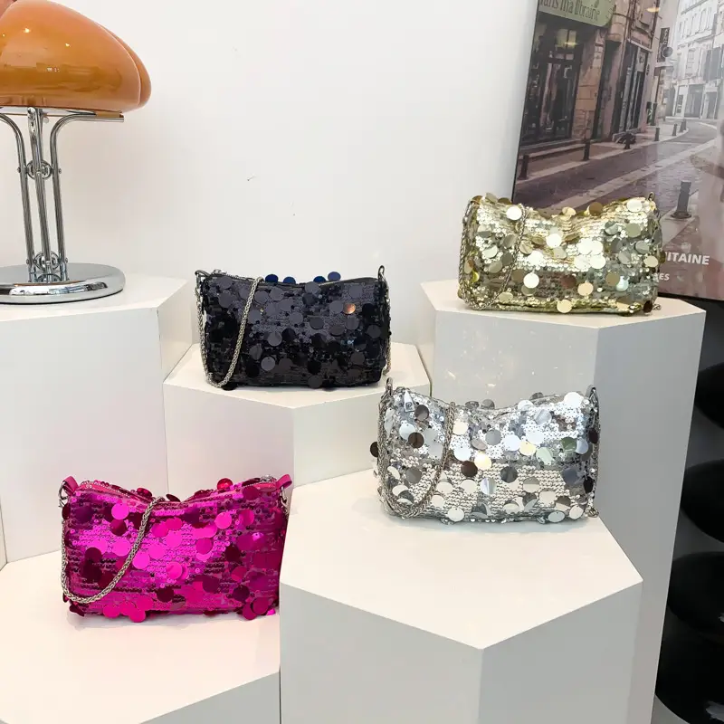 French Style Sequin Crossbody Bag Women Pink Black Silver - Image 8